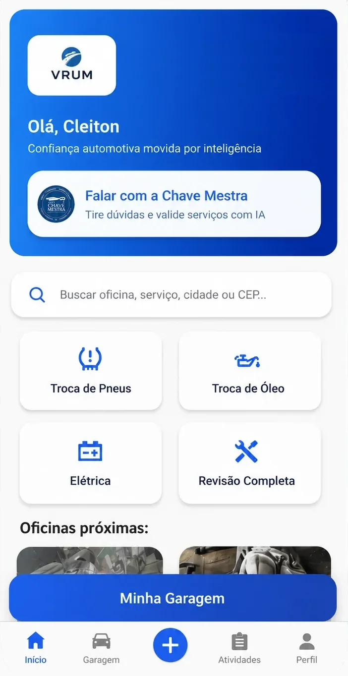 Tela inicial do VRUM App, com o botão para falar com a Chave Mestra e a busca de oficinas